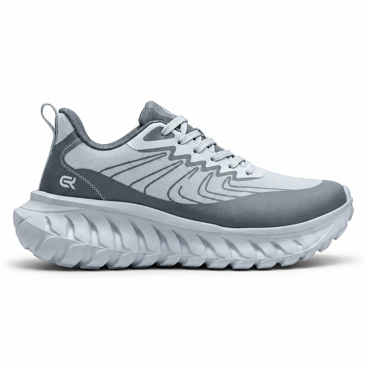 A light gray and dark gray athletic sneaker with a chunky, sculpted white sole, shown from a side profile on a white background.