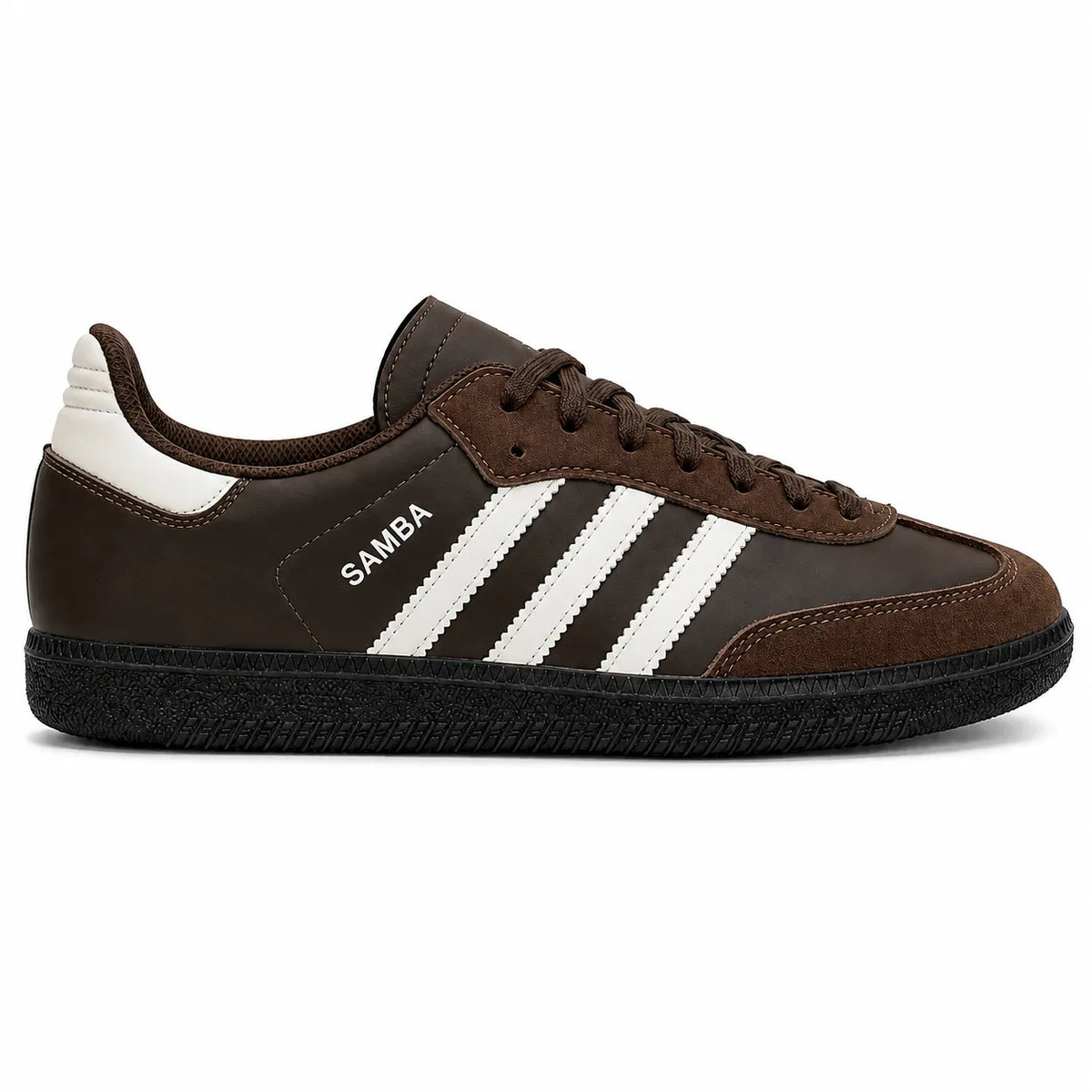 Black and white sneaker with brand logo on a white background