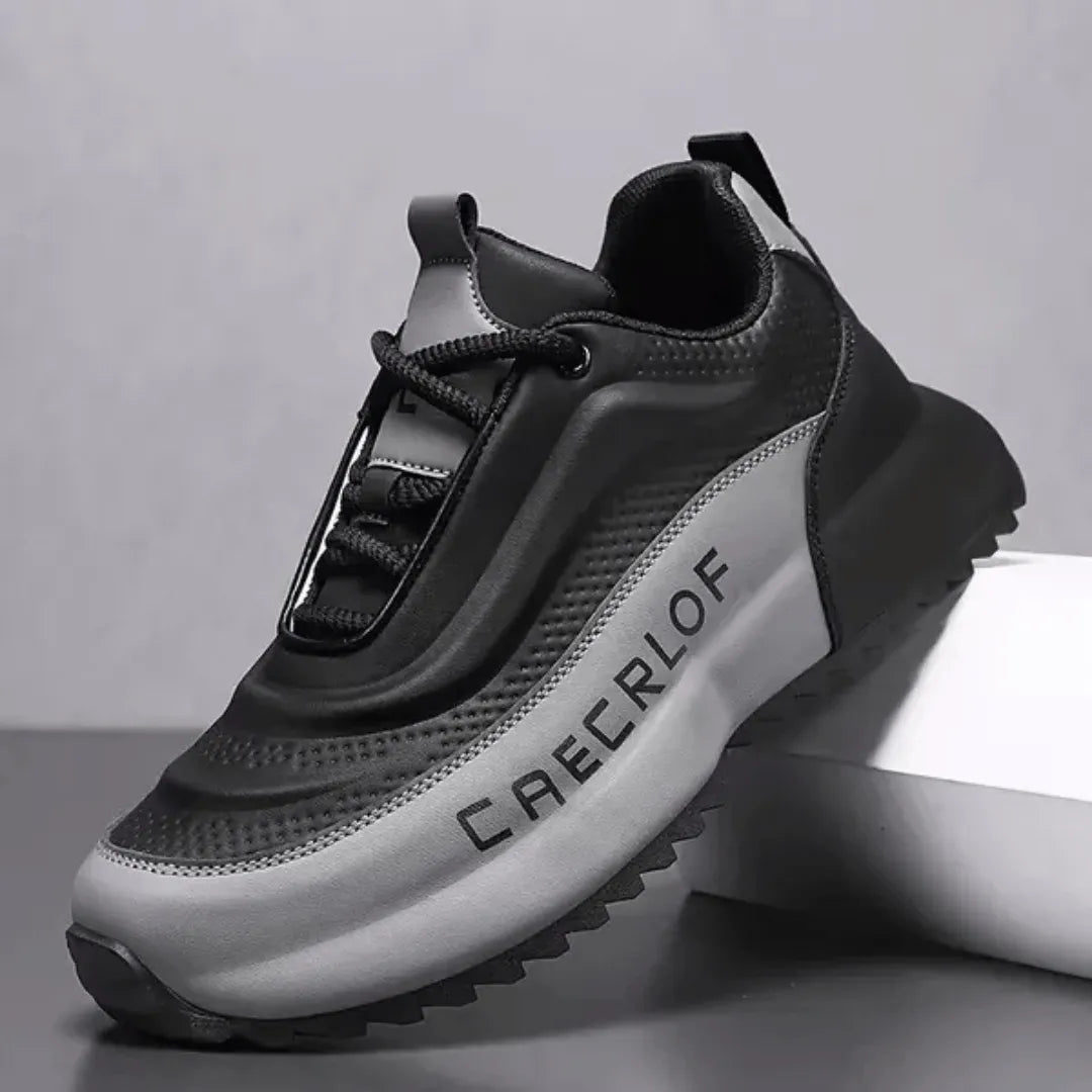 Black and gray sneaker with 'CAECILIO' branding on a gray background