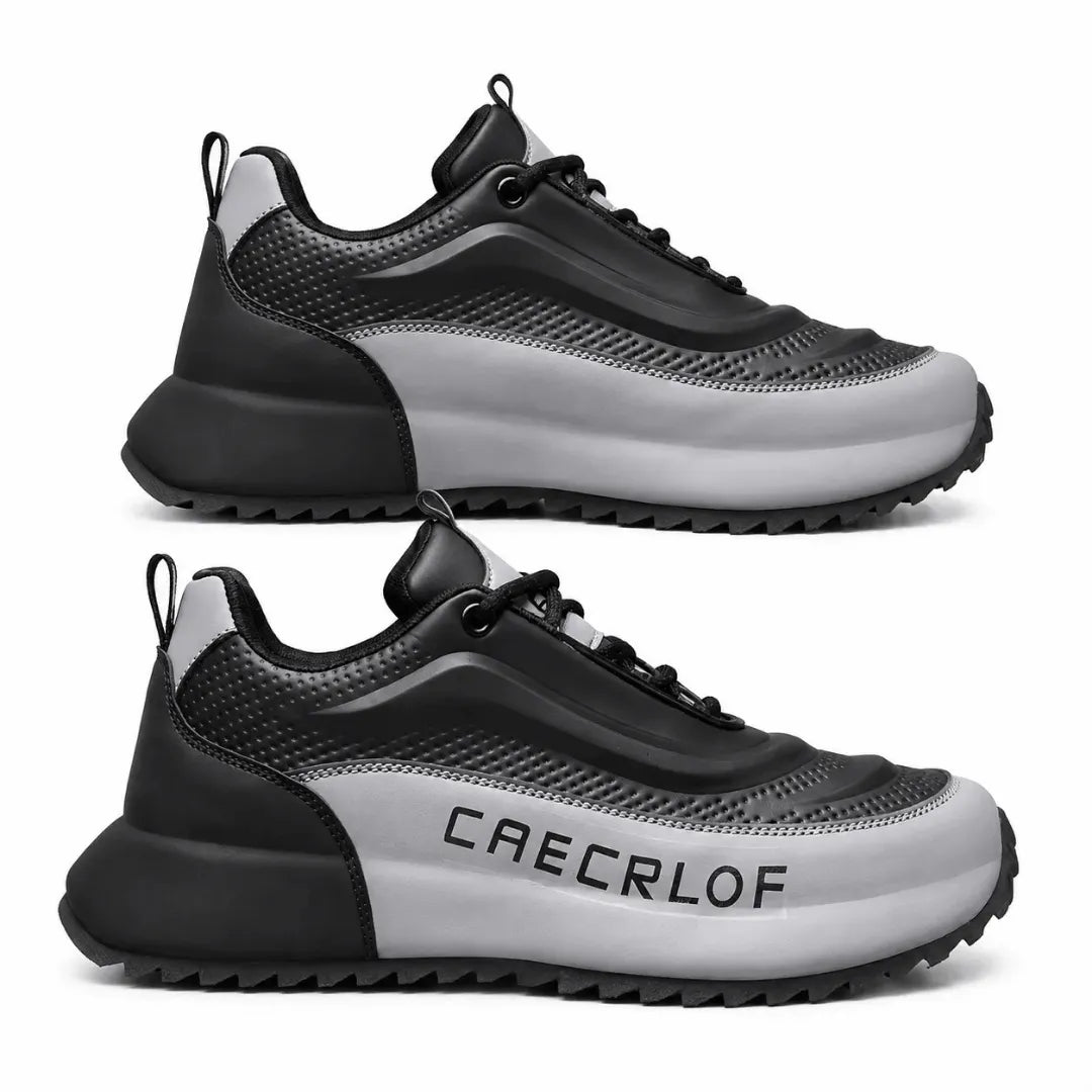 A pair of black and gray athletic sneakers shown from the side profile against a white background. The brand name 'CAECRLOF' is printed in black on the gray side panel of the lower shoe.