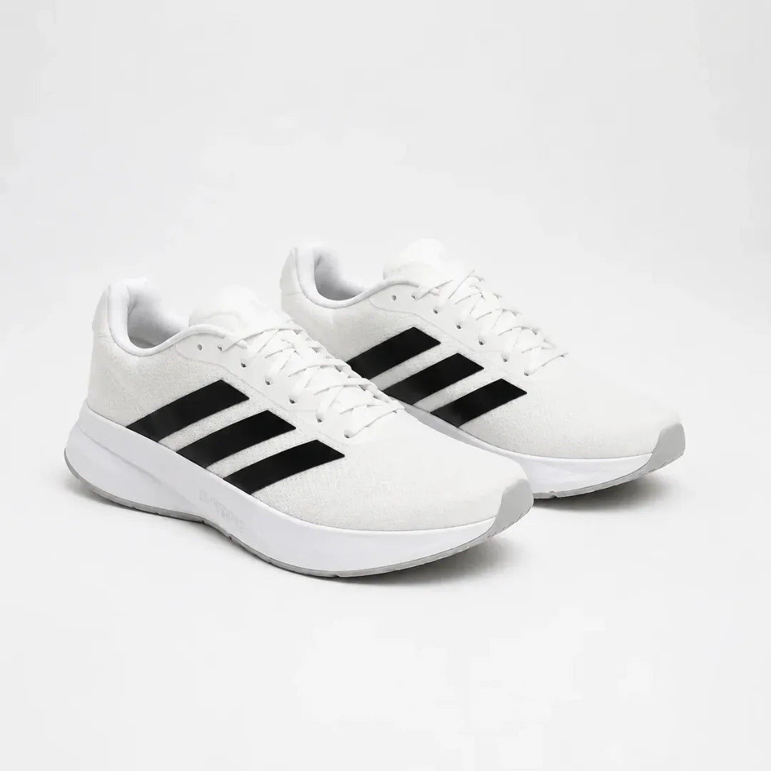 A pair of white Adidas running shoes with black three-stripes on a clean white background.