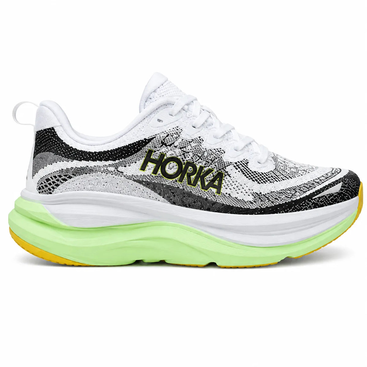 Pair of white and black HORKA athletic running shoes featuring a light green cushioned sole and yellow outsole accents on a clean white studio background.