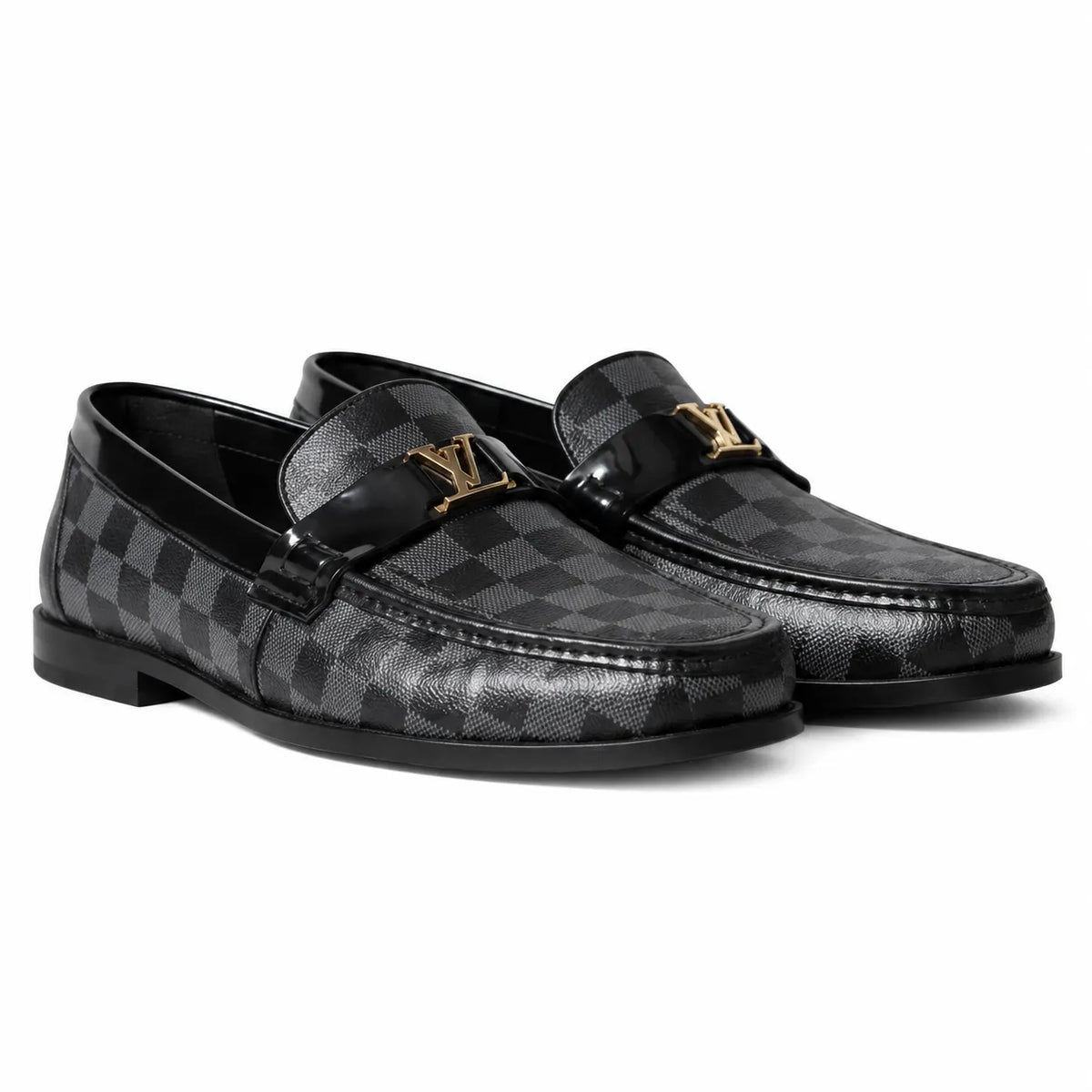 Premium men's black luxury checkered leather slip-on loafers
