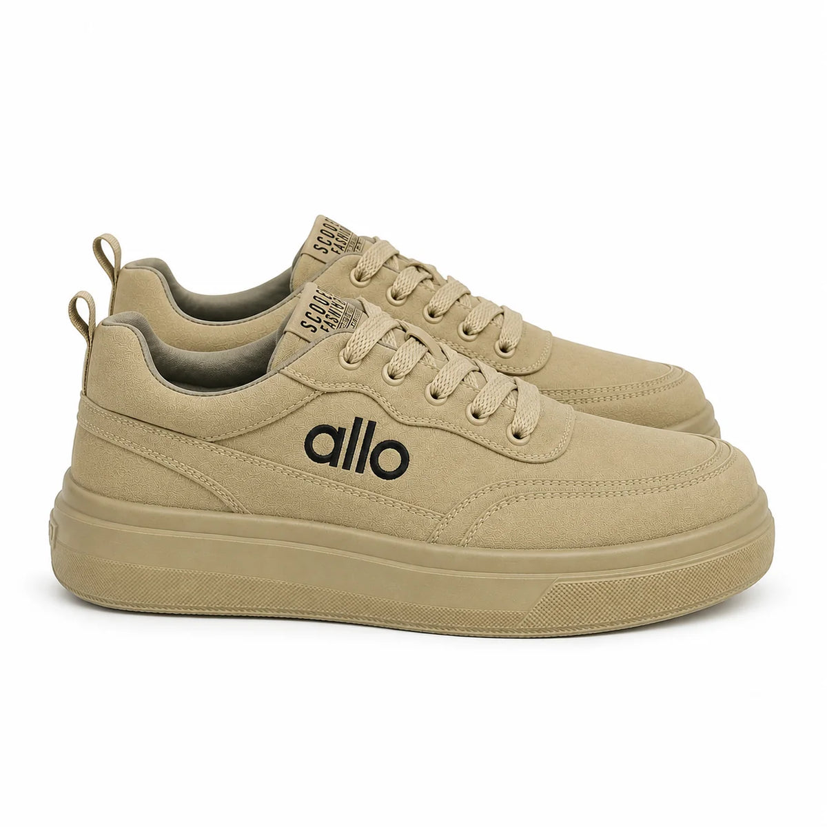 A pair of low-top platform sneakers in a light tan/khaki colorway, featuring a black 'allo' logo on the side and a black 'START FROM WHERE YOU ARE' text on the tongue, set against a plain white background.