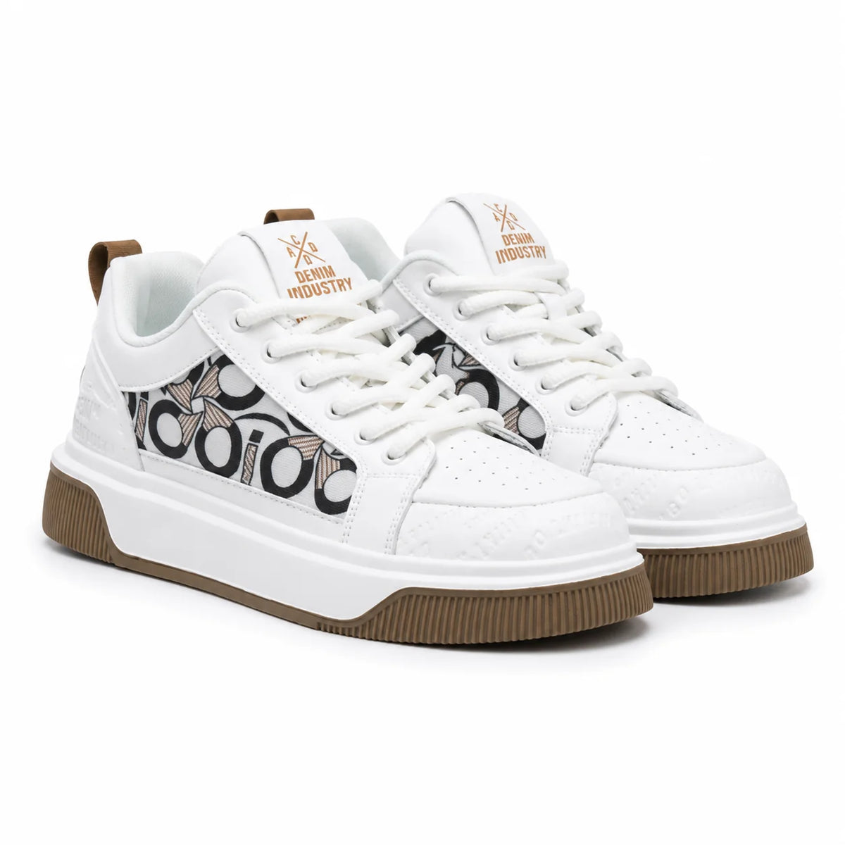 A pair of white low-top sneakers with a black and white geometric pattern on the sides, white laces, and brown rubber soles, shown on a white background.