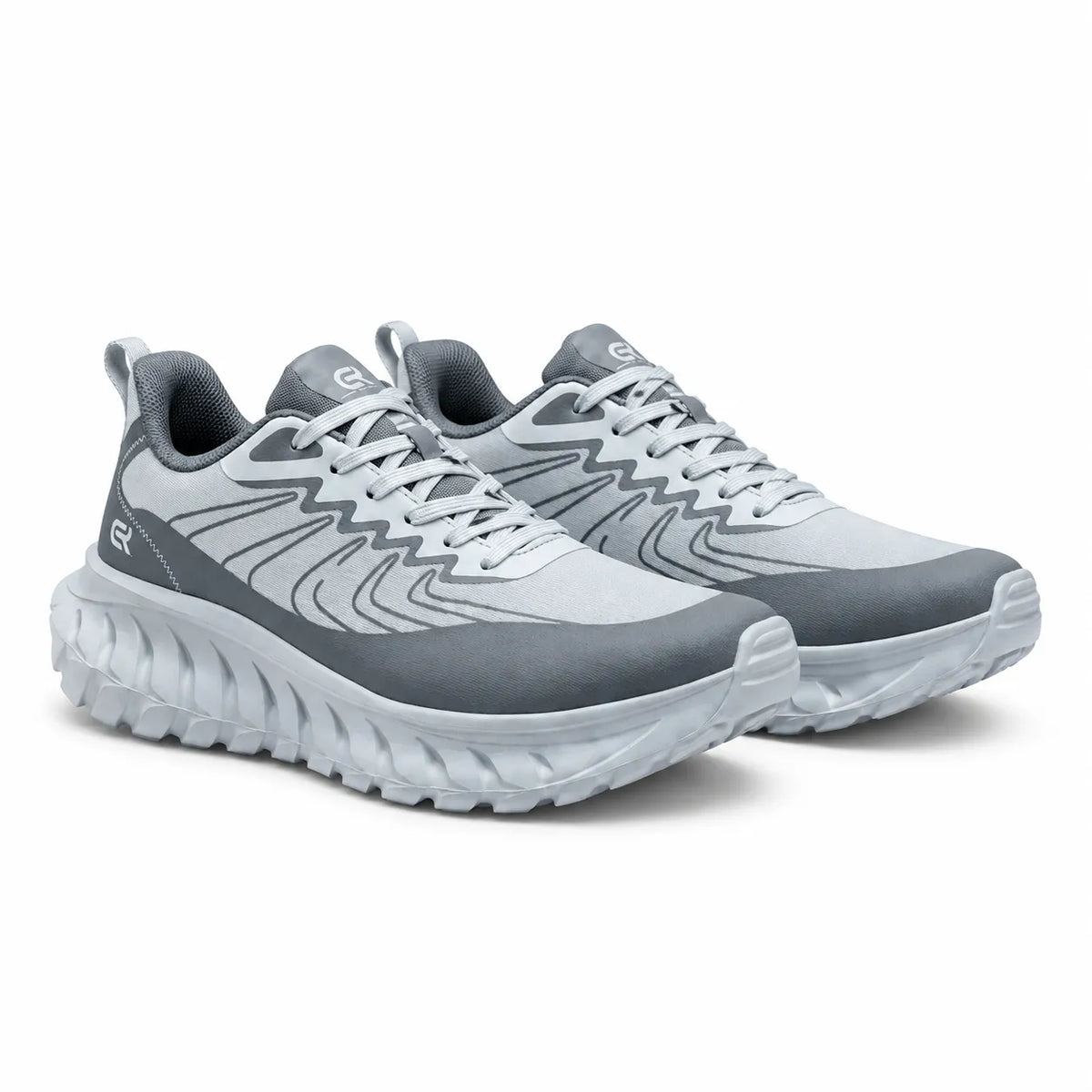 A light gray and dark gray athletic sneaker with a chunky, sculpted white sole, shown from a side profile on a white background.