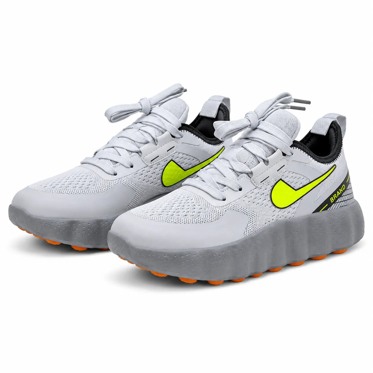 A pair of Nike Air Max sneakers in light gray and white, featuring a bright neon yellow-green Swoosh, black lining, and orange lugs on a white background.