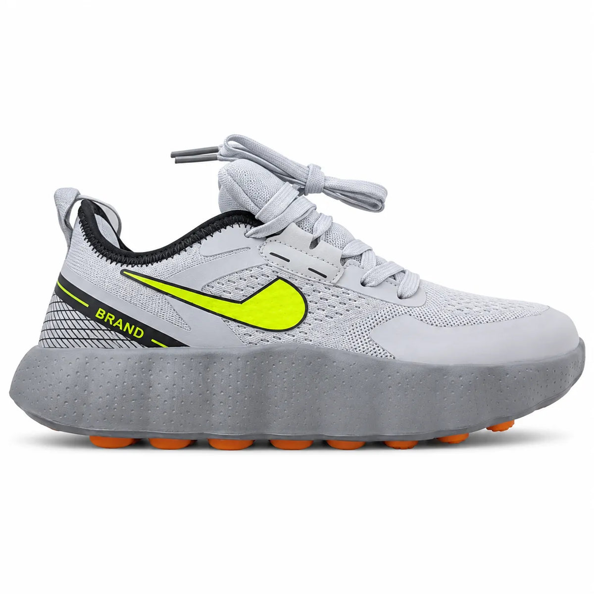 A light gray athletic sneaker with a chunky gray sole, a bright neon yellow Swoosh logo, and orange lugs, shown on a white background.