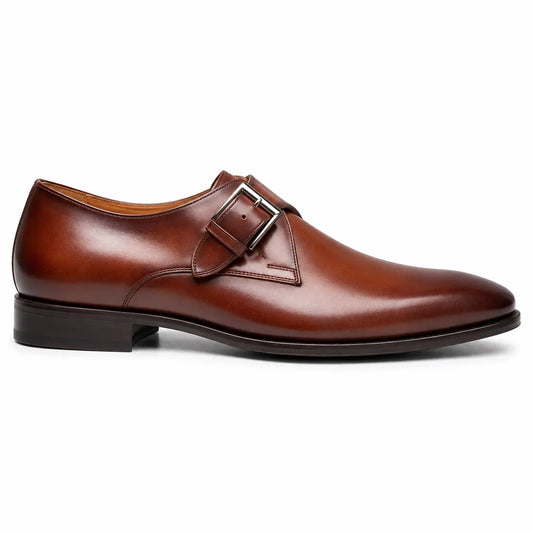 A single brown leather double monk strap dress shoe with a silver buckle