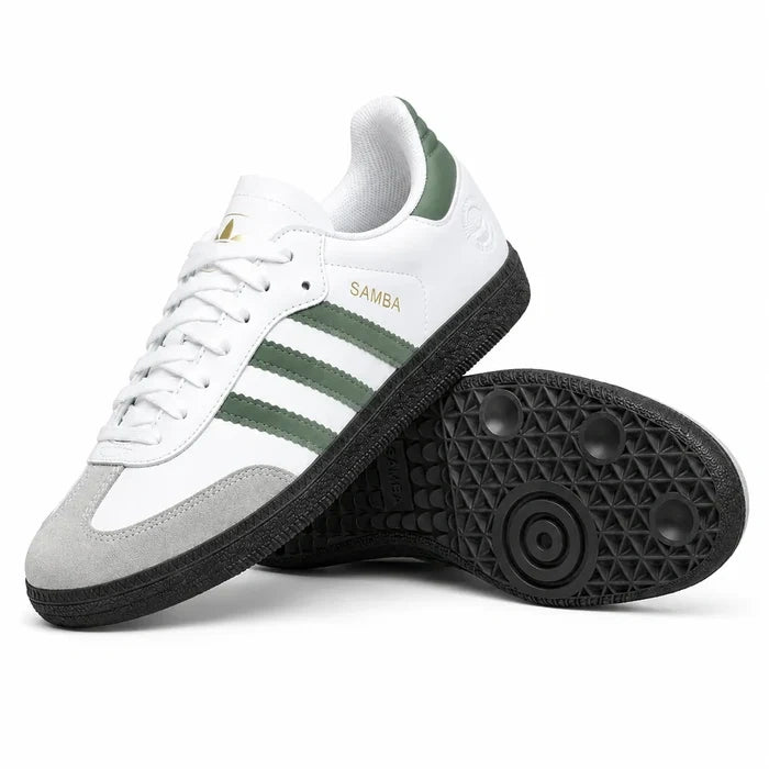 White Adidas Samba sneakers with green three stripe detailing