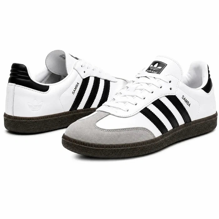 White Adidas Samba sneakers with black three stripe detailing