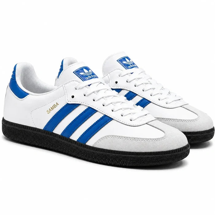 White men's sneakers with blue three stripe detailing