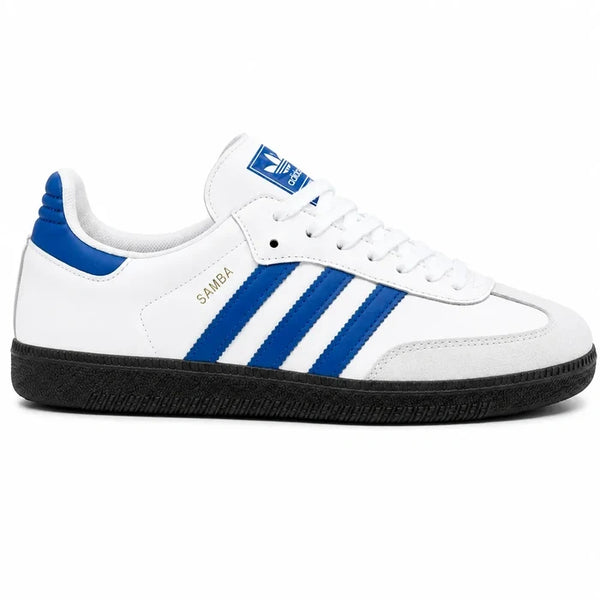 White men's sneakers with blue three stripe detailing