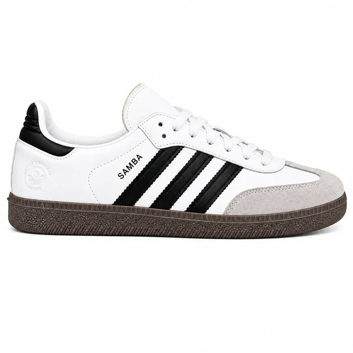 White Adidas Samba sneakers with black three stripe detailing