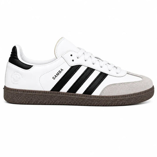 White Adidas Samba sneakers with black three stripe detailing