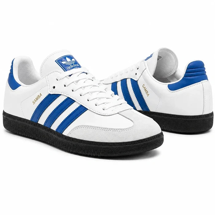 White men's sneakers with blue three stripe detailing