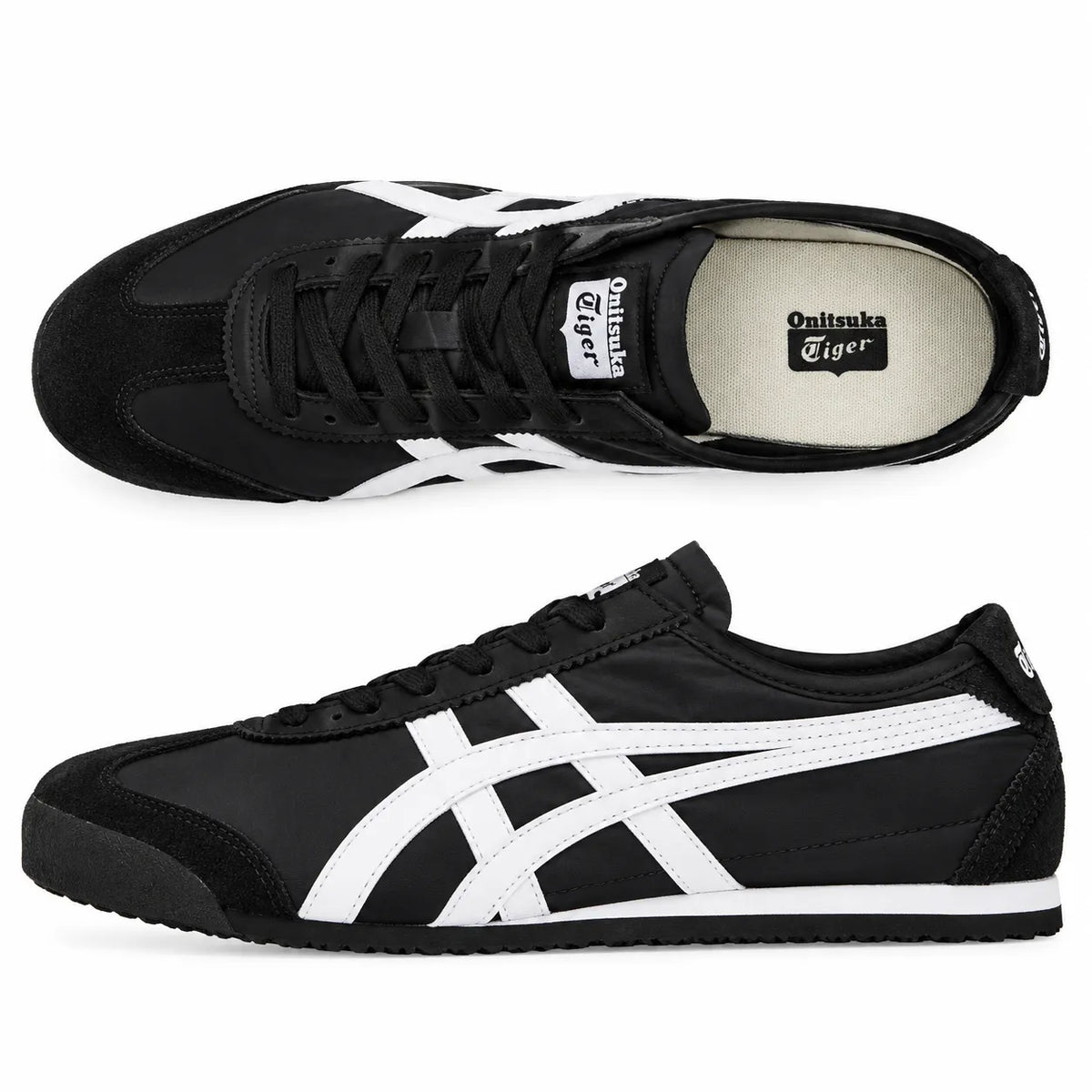 Black and white sneakers for men with white side detailing and black laces