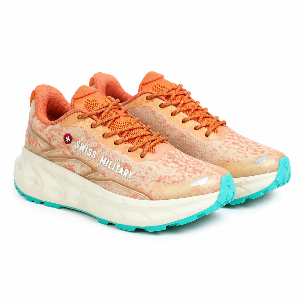 A pair of Swiss Military athletic sneakers in a peach and orange patterned upper with bright orange laces, a thick white midsole, and turquoise outsole tips, shown on a white background.