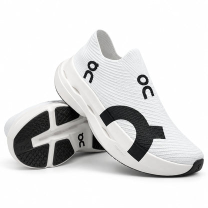 Cloud Boom Strike White Duo lightweight slip-on running shoes with breathable knit upper, black signature detailing, and cushioned CloudTec sole
