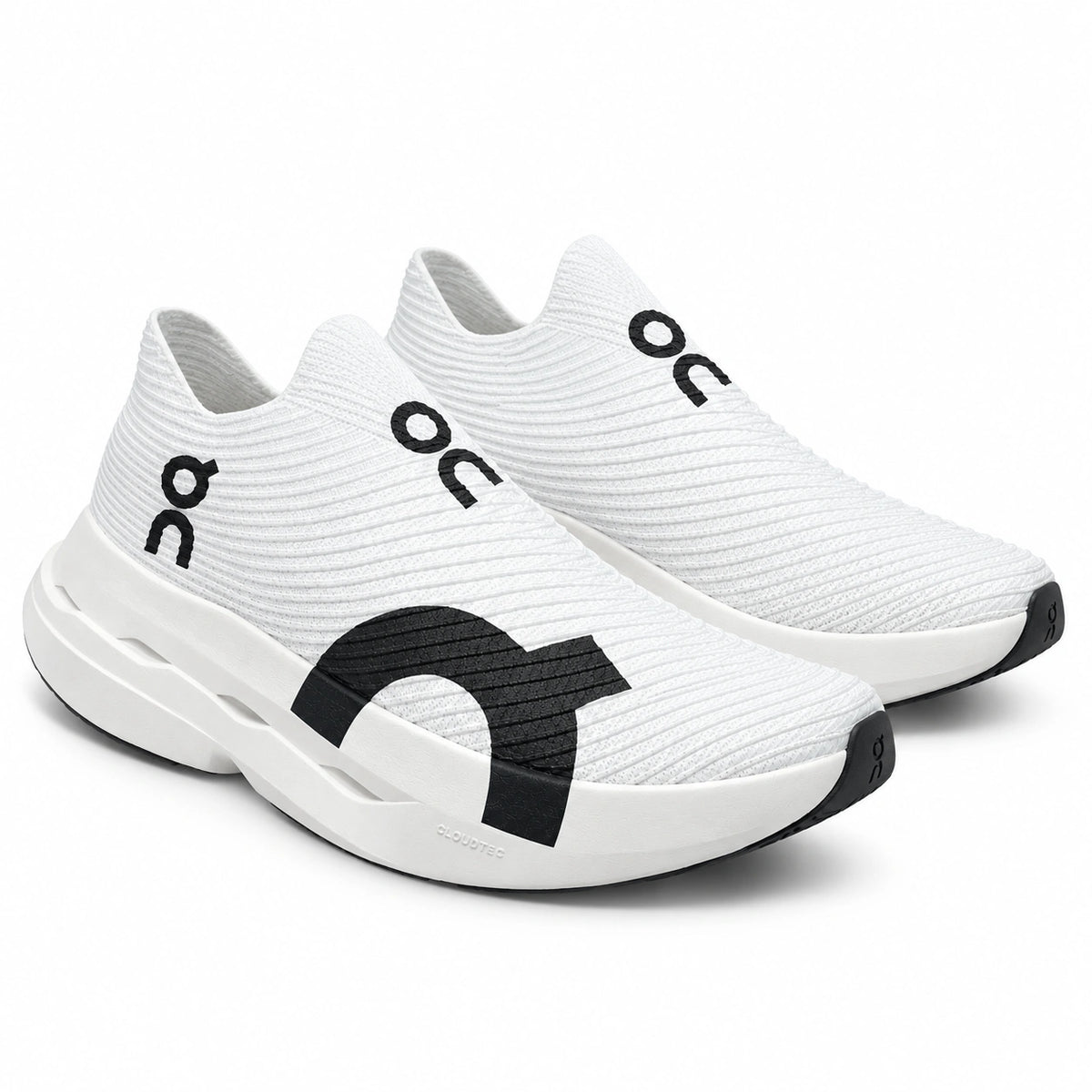 Cloud Boom Strike White Duo lightweight slip-on running shoes with breathable knit upper, black signature detailing, and cushioned CloudTec sole