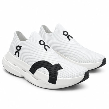 Cloud Boom Strike White Duo lightweight slip-on running shoes with breathable knit upper, black signature detailing, and cushioned CloudTec sole
