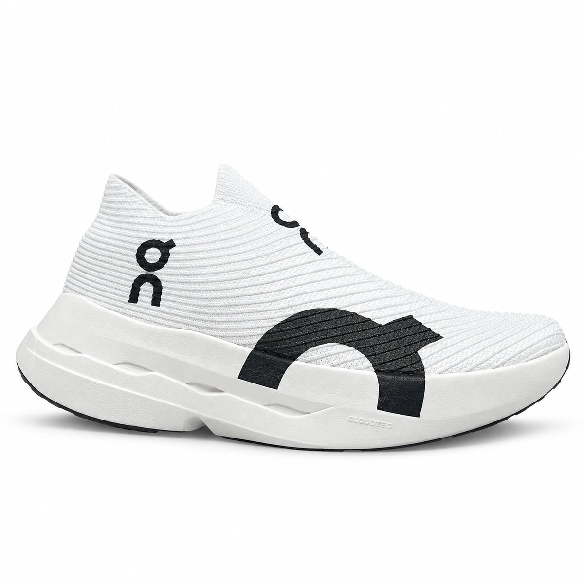 Cloud Boom Strike White Duo lightweight slip-on running shoes with breathable knit upper, black signature detailing, and cushioned CloudTec sole