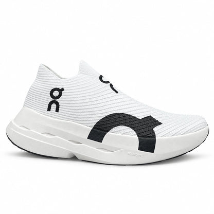 Cloud Boom Strike White Duo lightweight slip-on running shoes with breathable knit upper, black signature detailing, and cushioned CloudTec sole