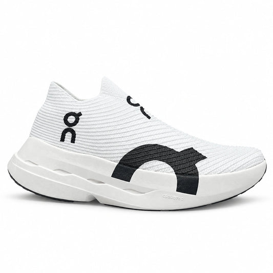 Cloud Boom Strike White Duo lightweight slip-on running shoes with breathable knit upper, black signature detailing, and cushioned CloudTec sole