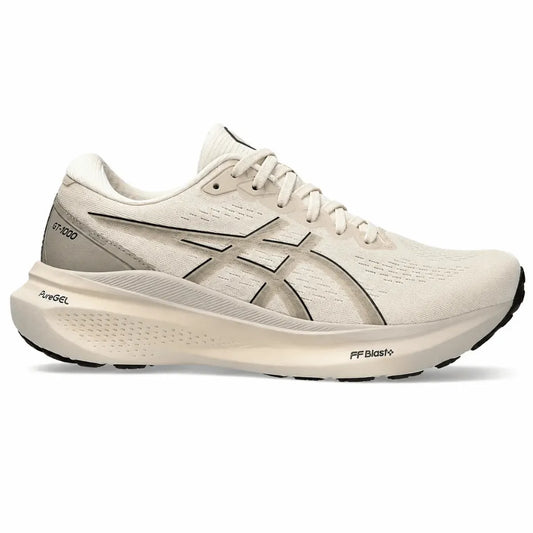 An Asics running shoe in off-white and light gray, featuring the brand's ASICS logo on the side, a thick cushioned midsole, and 'FreeGEL' and 'FF Blast+' text on the sole, set against a plain white background.