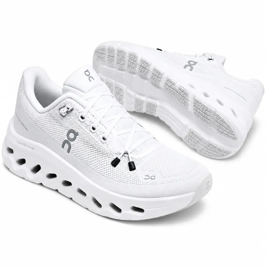 A pair of white On running shoes with gray logo accents and black laces, displayed on a clean white background.
