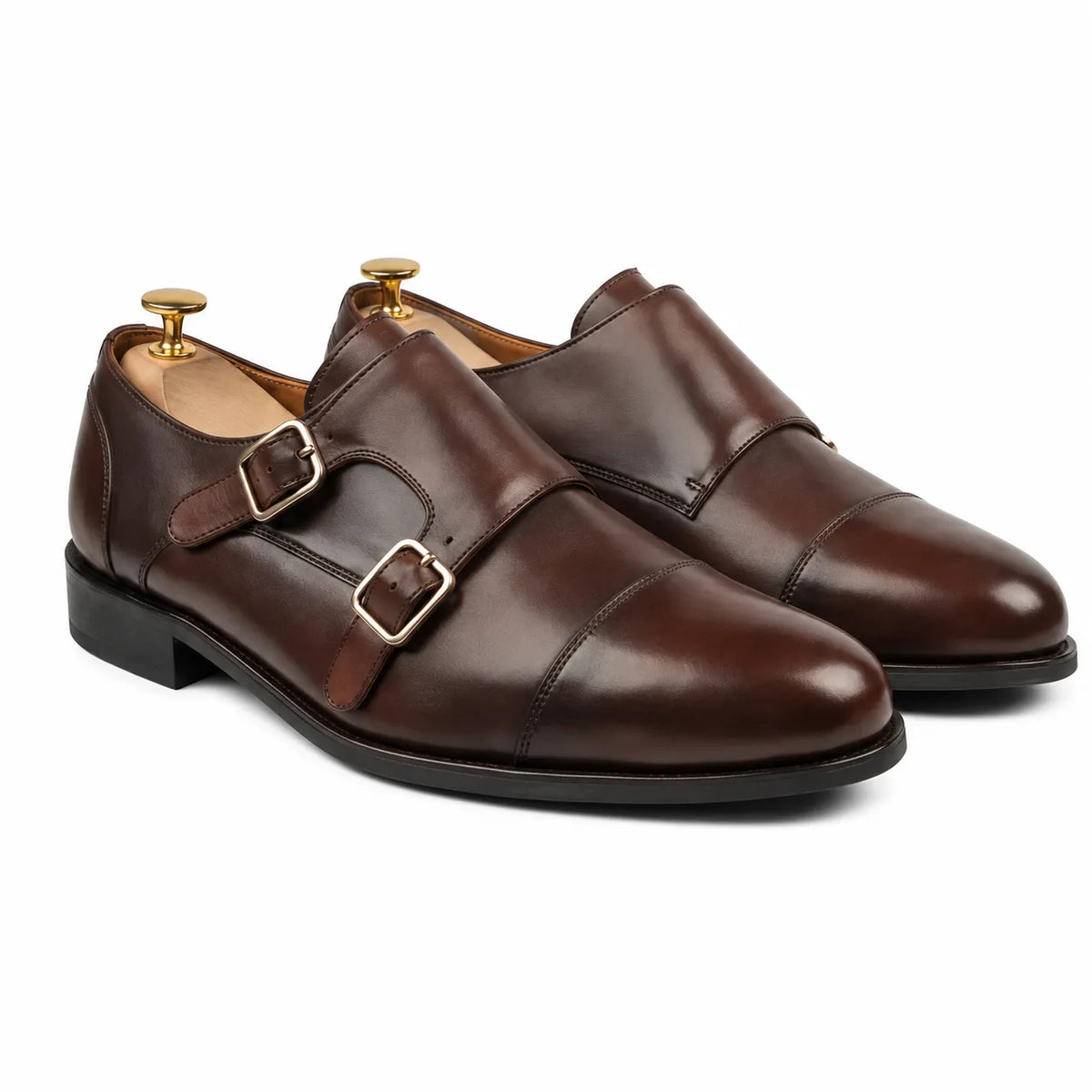 Elegant brown cap toe double monk strap shoes for men