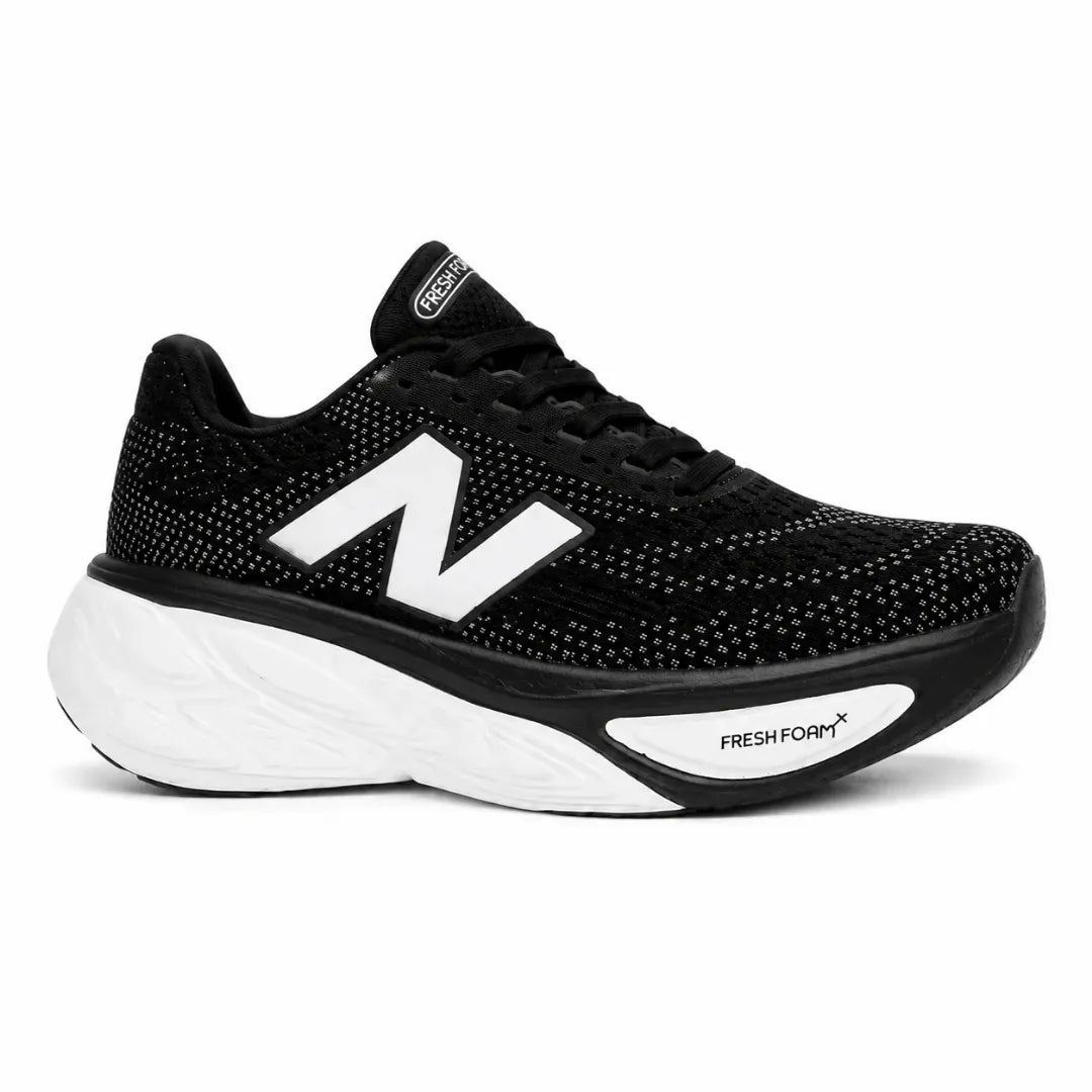 A black New Balance running shoe with a white midsole and a large white 'N' logo on the side, shown against a plain white background.
