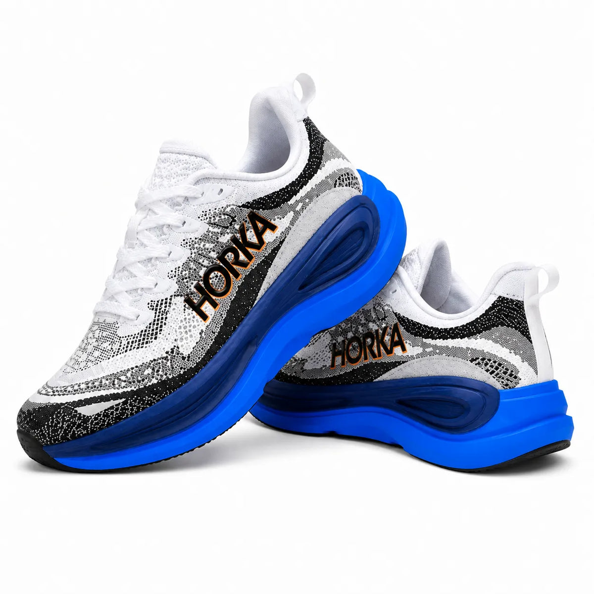 Pair of white and black HORKA running shoes with a bold blue cushioned sole, displayed in a premium studio product photography setup on a white background.