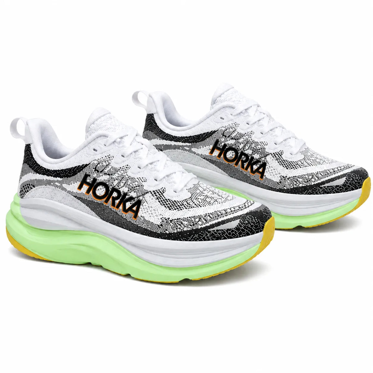 HORKA white running shoes with green cushioned sole