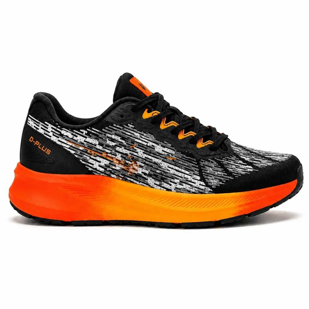 A Nike D-Plus running shoe in black, gray, and bright orange, shown from a side profile view on a white background.