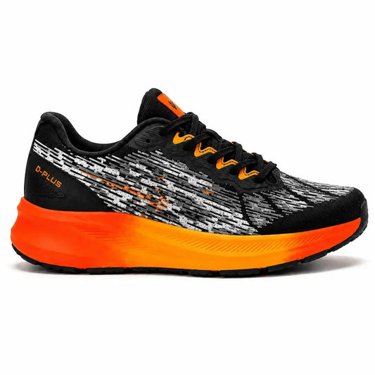A Nike D-Plus running shoe in black, gray, and bright orange, shown from a side profile view on a white background.