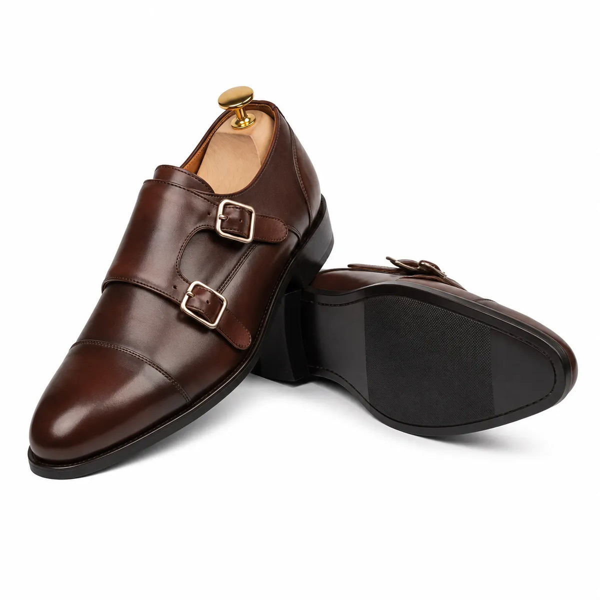 Luxury brown leather monk strap dress shoes with silver buckles