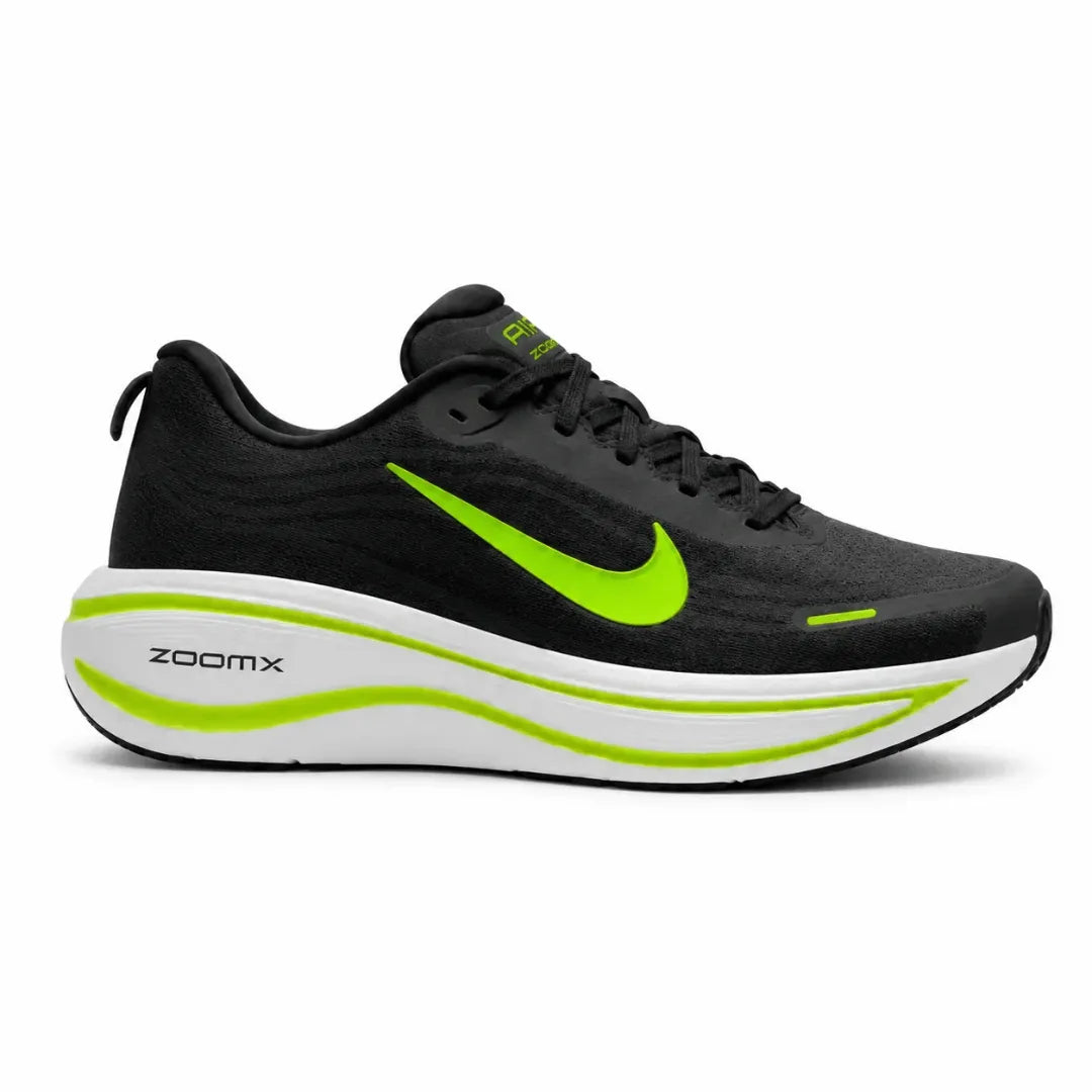 A Nike running shoe in black with a bright neon green Swoosh and a white midsole featuring a lime green wave and 'ZOOMX' branding, shown against a plain white background.