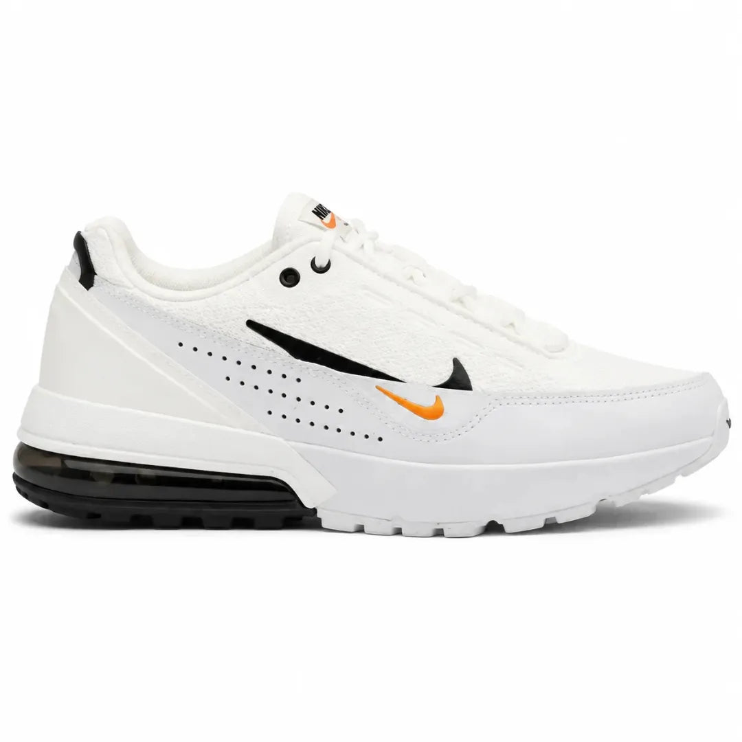 A white Nike sneaker with a black Swoosh and an orange accent, featuring a black air cushion sole, shown from a side profile on a white background.