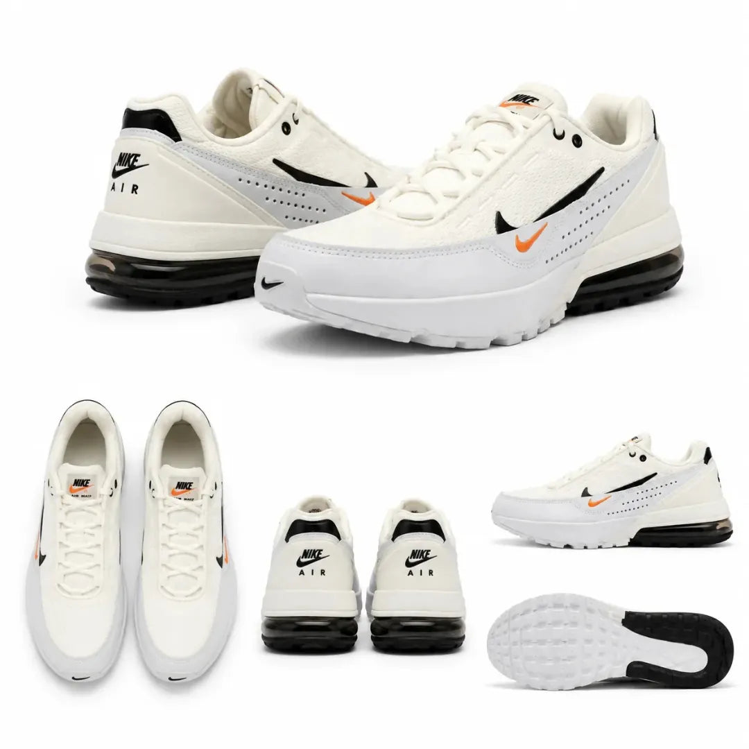 A collage of white Nike Air Max sneakers shown from multiple angles on a plain white background, with black and orange accents and visible Nike branding.