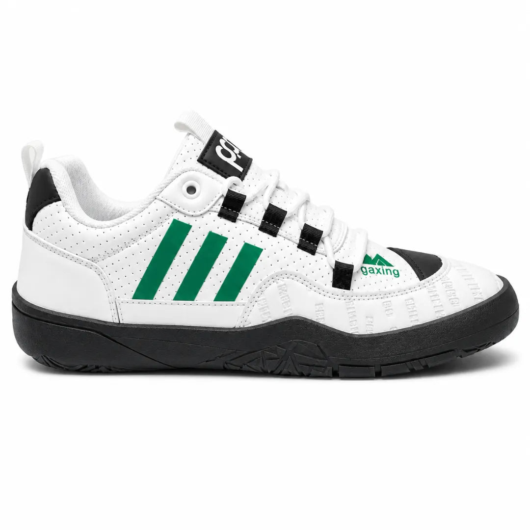 A white low-top sneaker with three green stripes on the side, a black outsole, and a black tongue label featuring the brand name 'gaxing'.