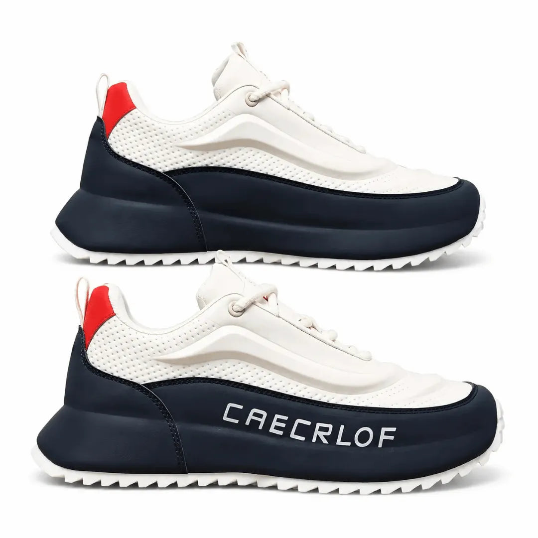 Two views of a low-top sneaker by CAECRLOF on a white background. The shoe features an off-white mesh and synthetic upper, a navy blue midsole and toe cap, a red heel pull tab, and a white wavy sole.
