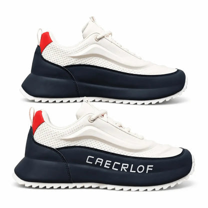 Two views of a low-top sneaker by CAECRLOF on a white background. The shoe features an off-white mesh and synthetic upper, a navy blue midsole and toe cap, a red heel pull tab, and a white wavy sole.