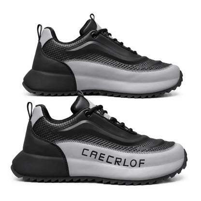 A pair of black and gray athletic sneakers shown from the side profile against a white background. The brand name 'CAECRLOF' is printed in black on the gray side panel of the lower shoe.
