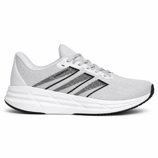 A light gray and white running shoe with black and gray three-stripe detailing on the side, featuring a white midsole and a black outsole, shown against a plain white background.