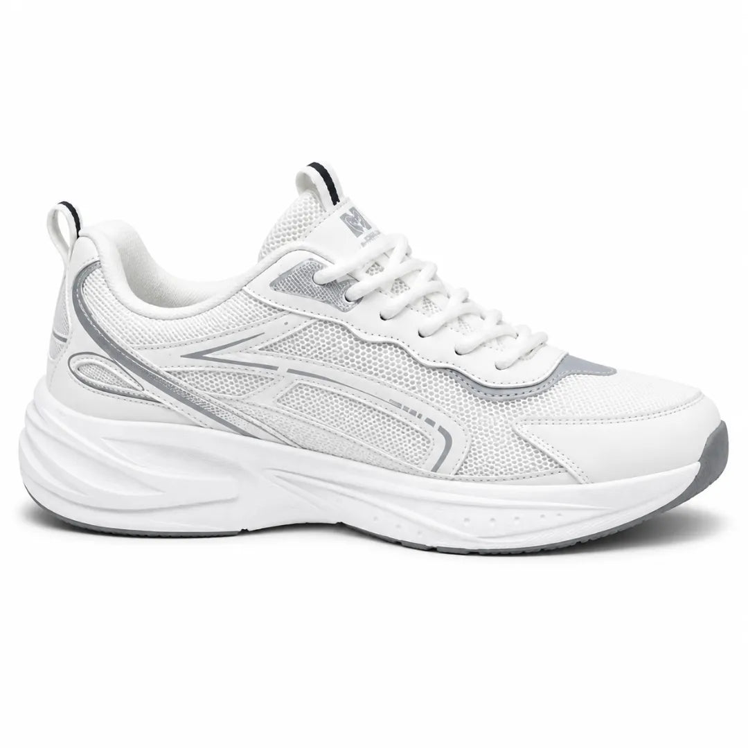 A white athletic sneaker with silver accents, featuring a breathable mesh upper, white laces, and a chunky white sole, shown from a side profile on a white background.