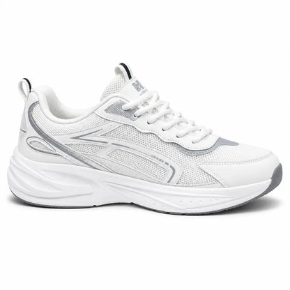 A white athletic sneaker with silver accents, featuring a breathable mesh upper, white laces, and a chunky white sole, shown from a side profile on a white background.