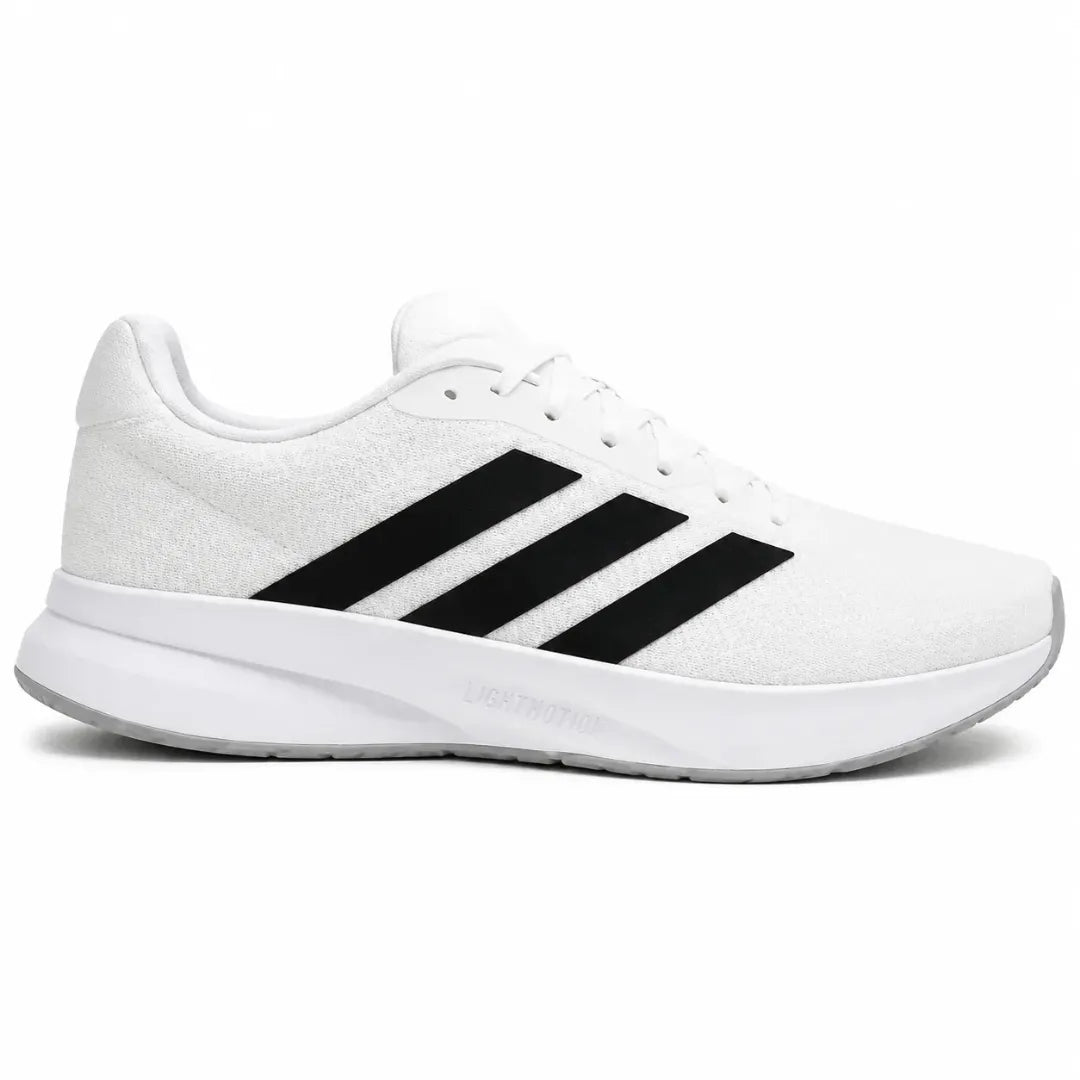 A white Adidas running shoe with three black stripes on the side, shown in a side profile view against a plain white background.