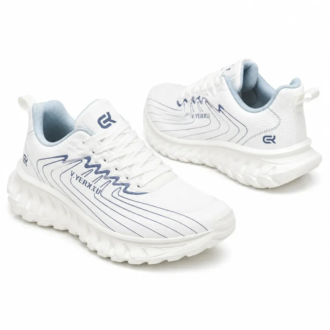 A pair of white athletic sneakers with navy blue wave-like line details and the brand name 'YERXUI' printed on the side, displayed on a clean white background.