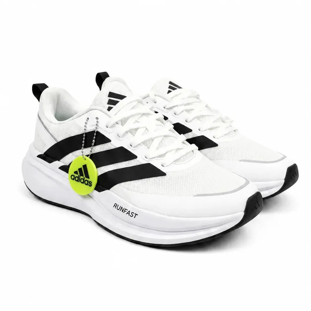 A light gray and white On running shoe with black laces, a black logo, and a small red accent on the heel, shown against a plain white background.